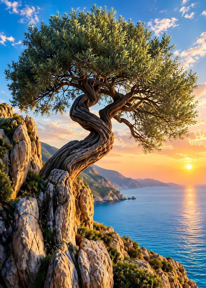 Twisted Olive Tree at Sunset