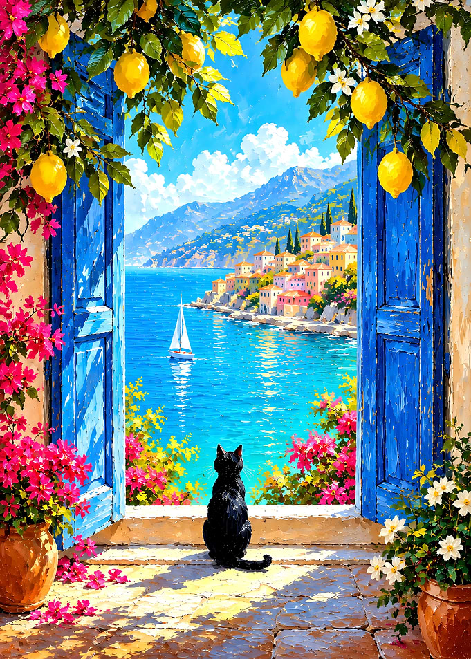 Black Cat Looking at Amalfi Coast