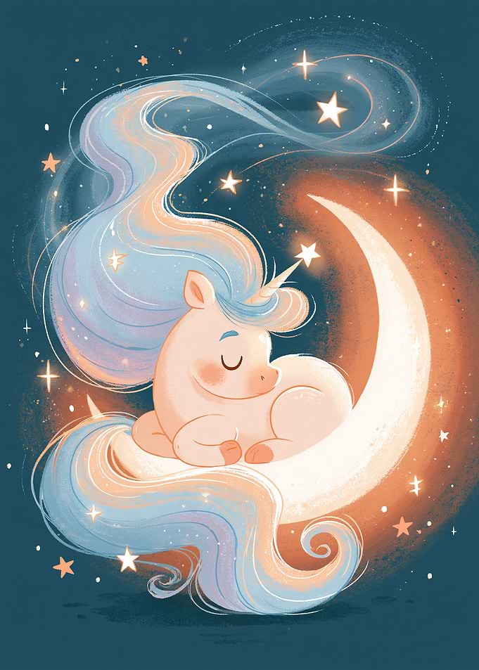 Sleeping Unicorn on the Moon – Magical Nursery Art