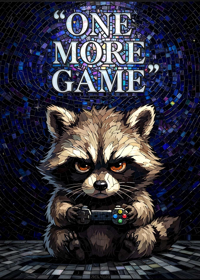 One More Game Raccoon Gamer Poster