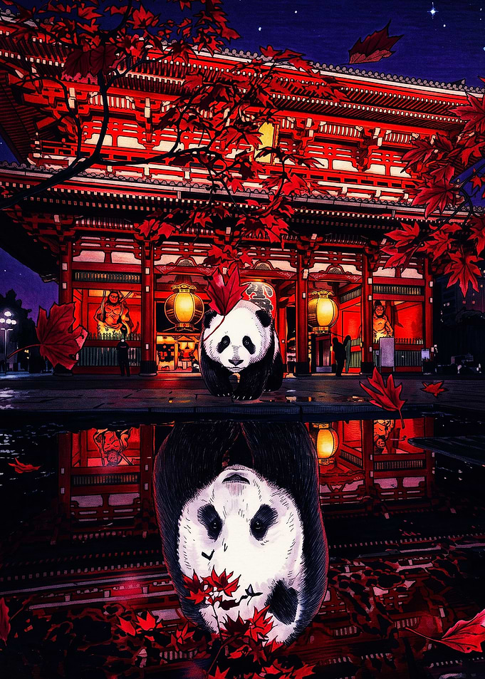 Panda at Japanese Temple Reflection