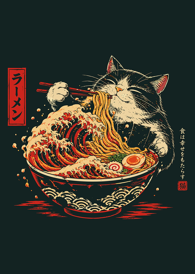 Cat Eating Great Wave Ramen