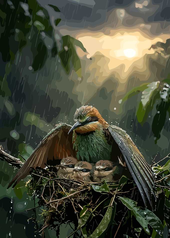 Bee-eater bird protecting chicks in rain