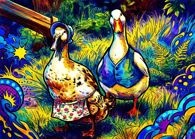 Whimsical Dressed Ducks in Vibrant Garden