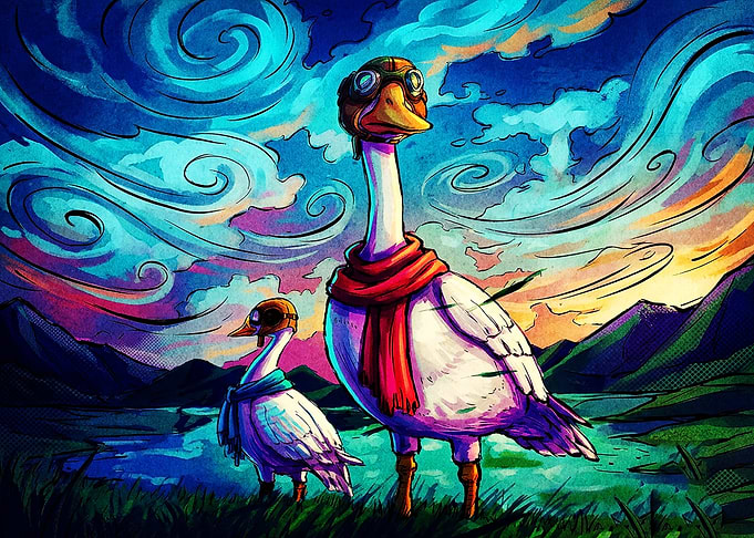 Two Adventurous Geese in Aviator Gear