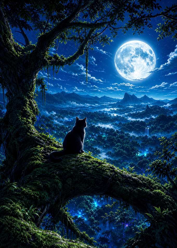 Black Cat Watching Magical Moonlit Forest