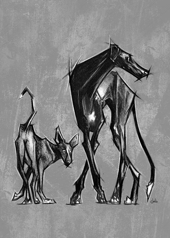 Stylized Charcoal Drawing of Two Dogs
