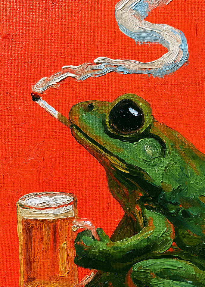 Oil Painting of Smoking Drinking Frog