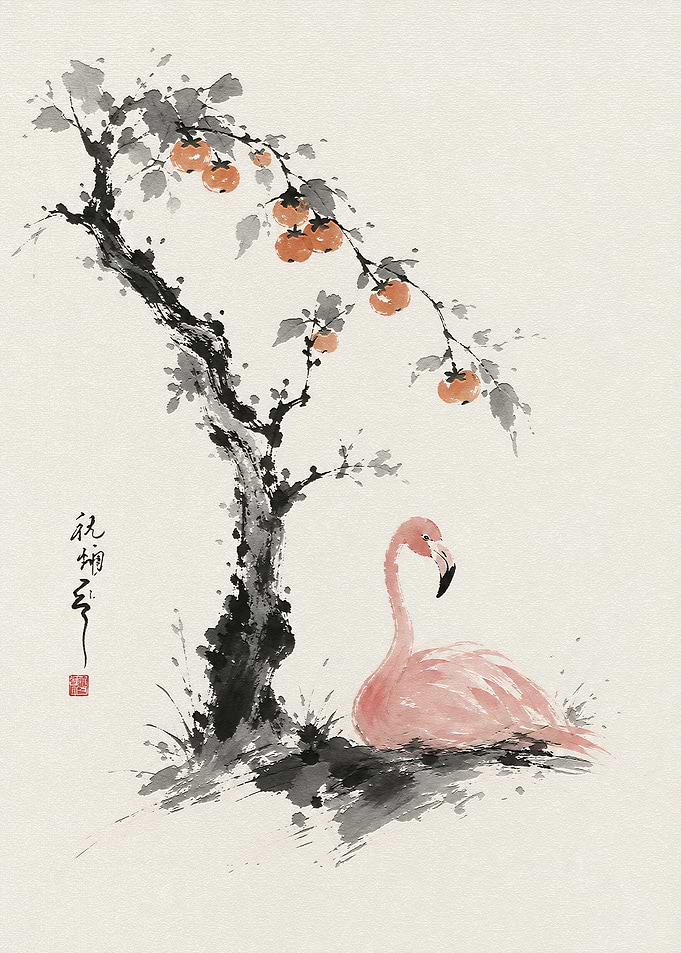 Flamingo Under Persimmon Tree Ink Painting