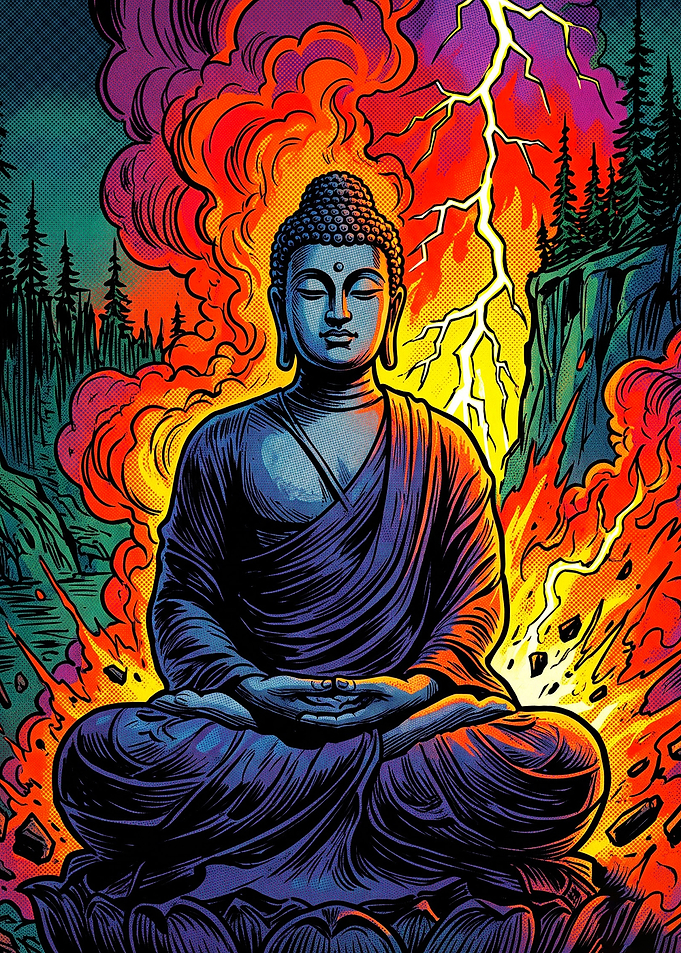 Meditating Buddha Amidst Stormy Chaos