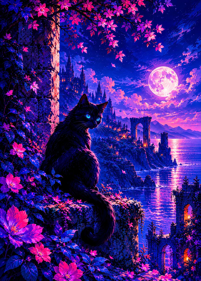Black Cat in Fantasy Moonlit Landscape