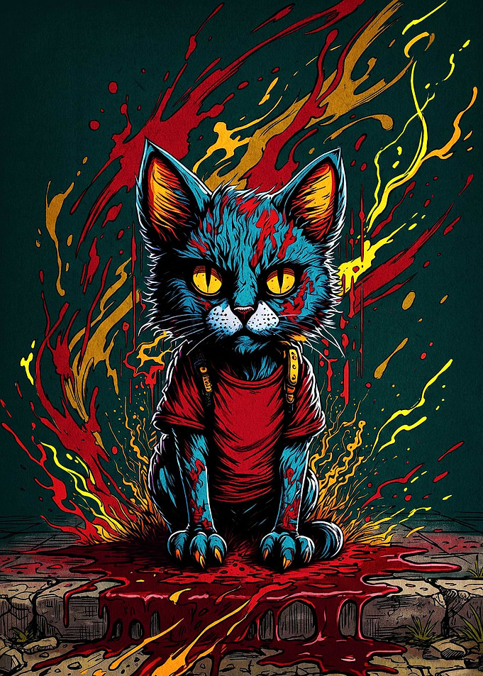 Edgy Blue Cat in Red Shirt
