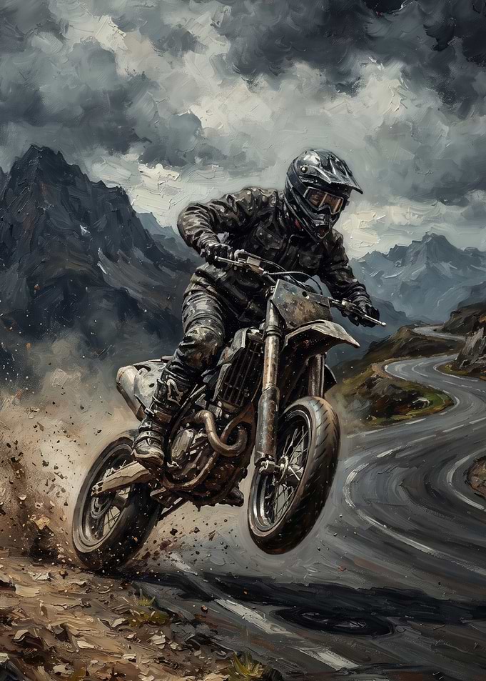 Dirt Biker Riding Through Mountain Pass