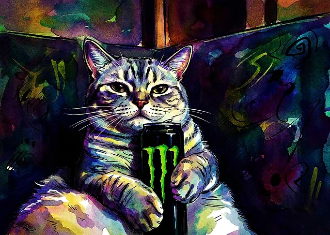 Cat Holding a Monster Energy Drink