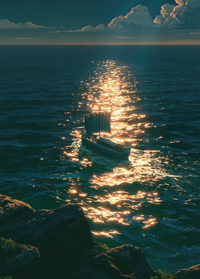 Sailboat on Golden Ocean at Sunset