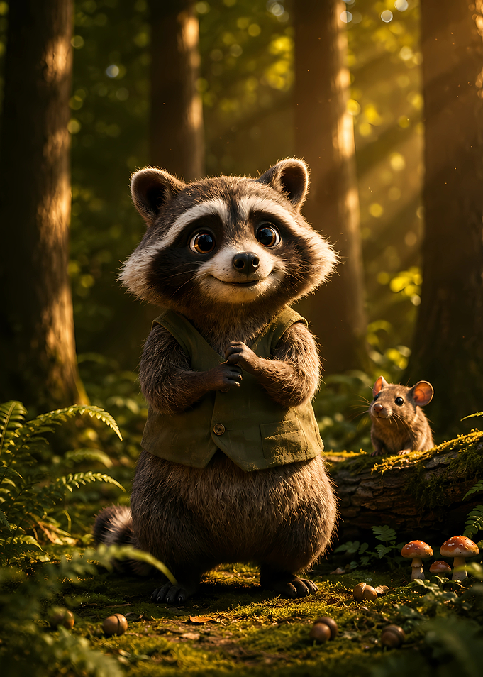 Cute Raccoon and Mouse in Forest