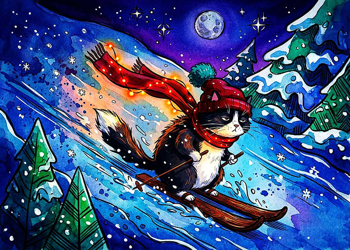 Grumpy Cat Skiing at Night