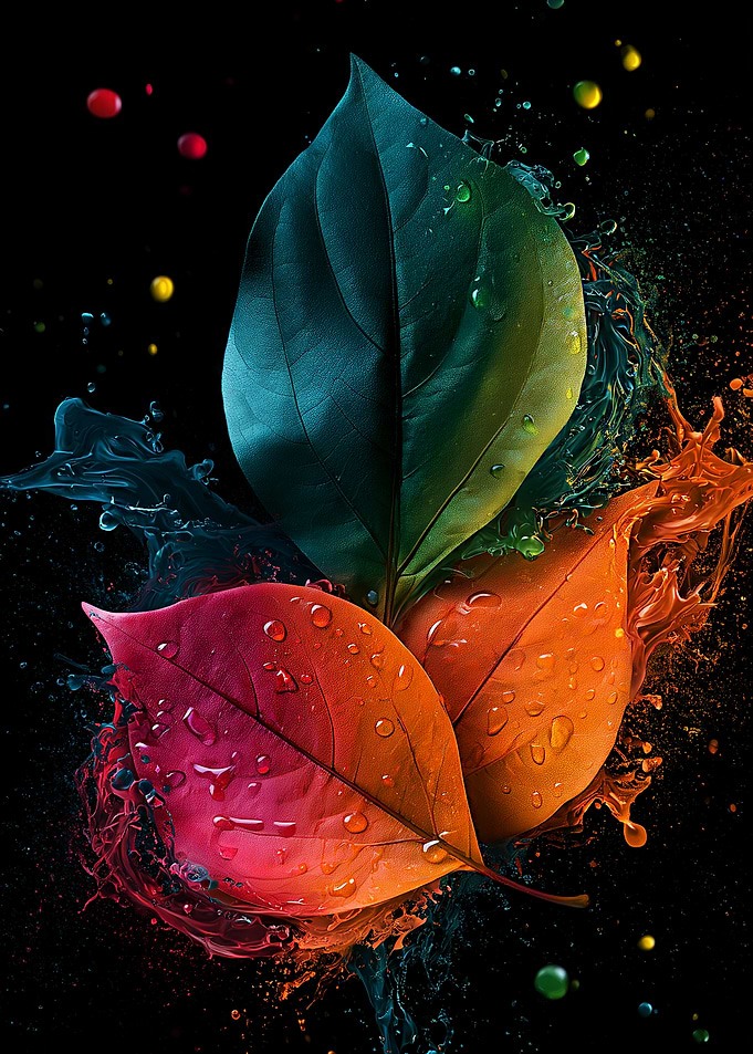 Vibrant Colorful Leaves with Liquid Splashes