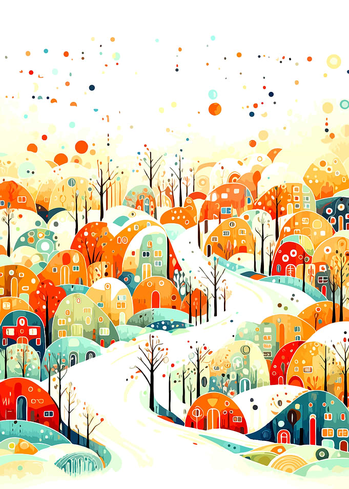 Whimsical Colorful Winter Village Illustration