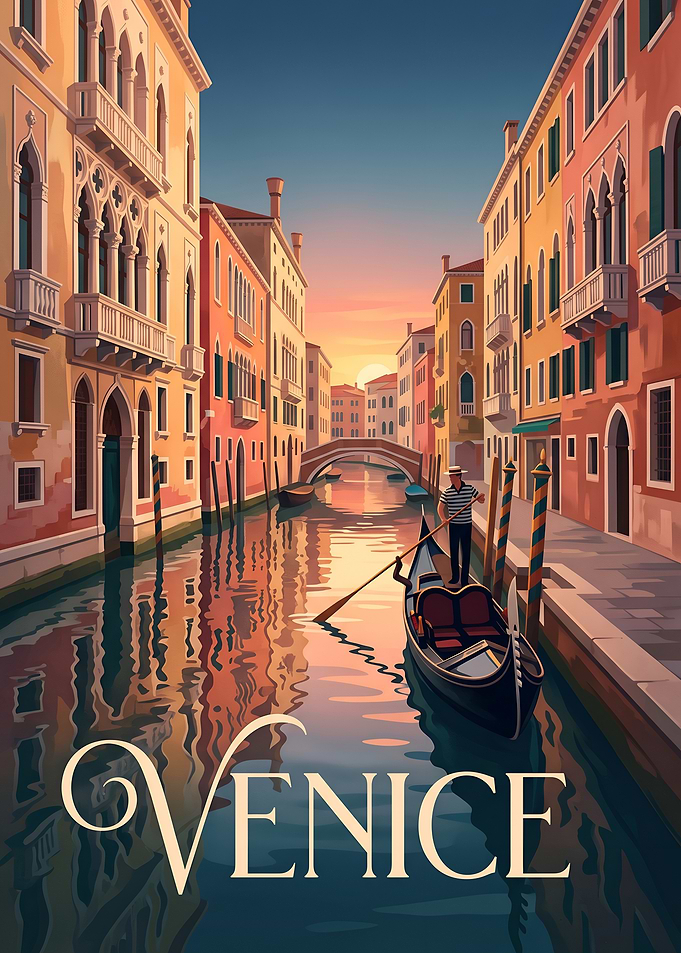 Venice Italy Canal Sunset Vintage Travel Poster