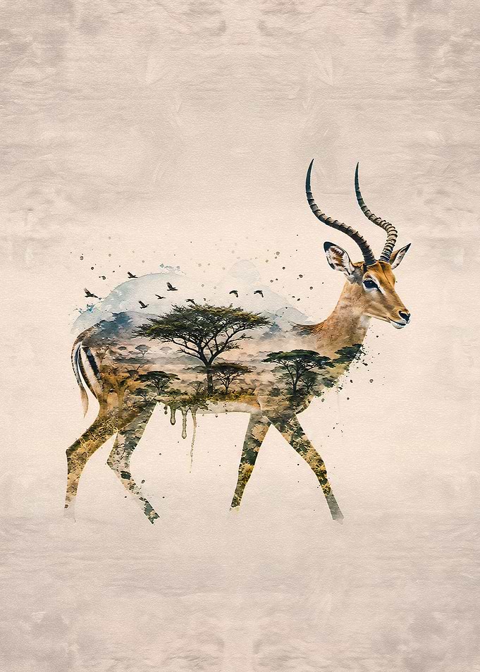 Double Exposure Impala African Landscape Art