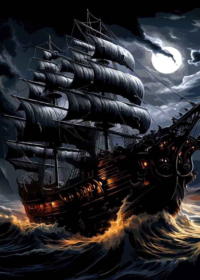 Ghost Ship Sailing Under Full Moon