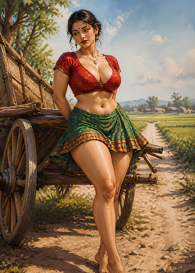 Rural Village Wooden Cart Indian Fusion Anime Girl