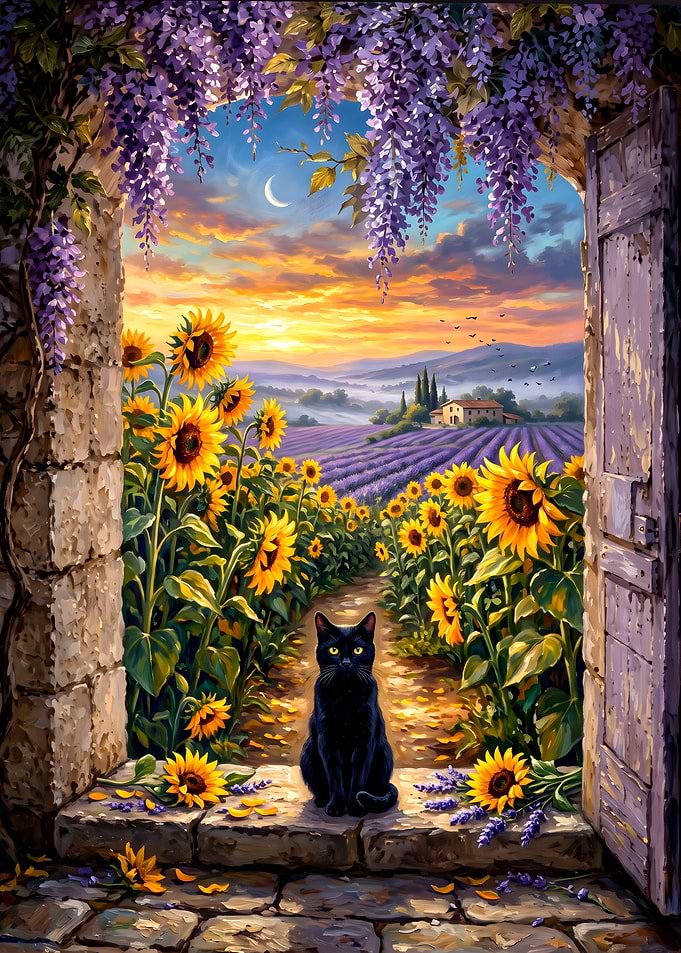 Black Cat in Sunflower Field
