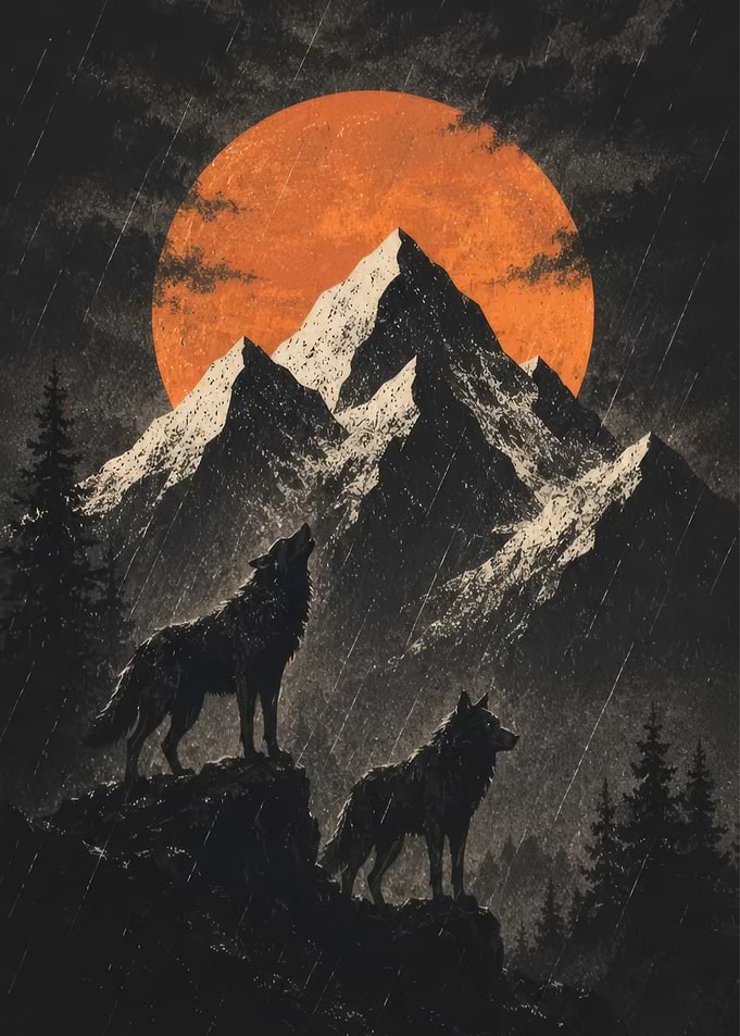 Two Wolves Howling at Orange Moon