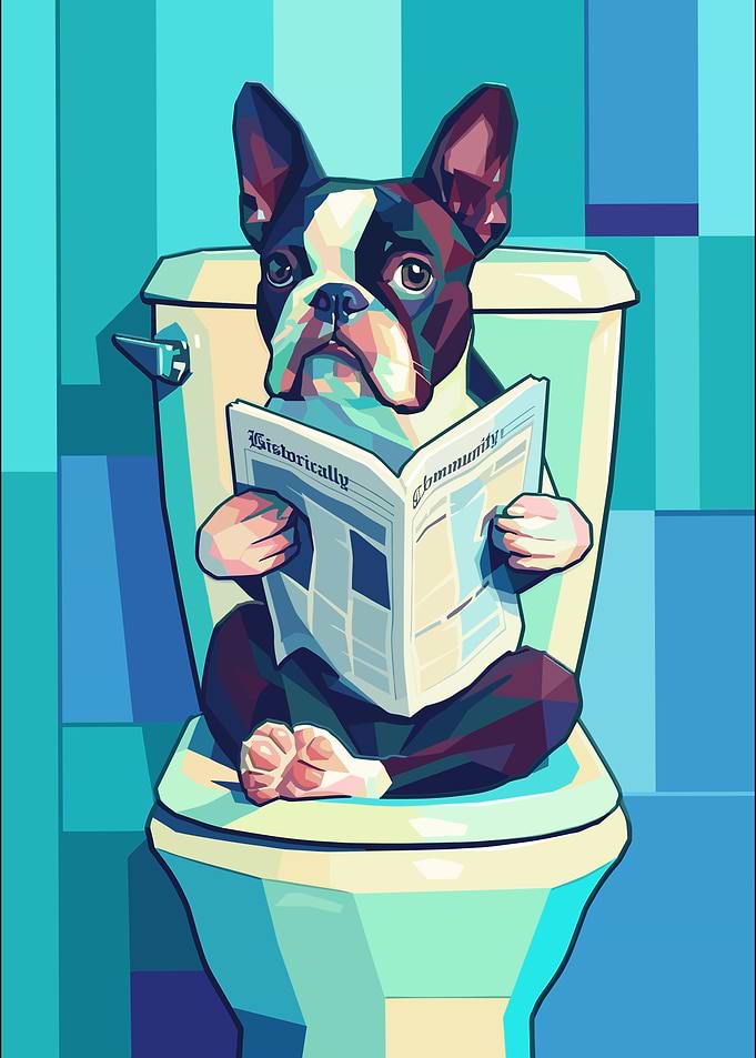 Boston Terrier Reading on Toilet