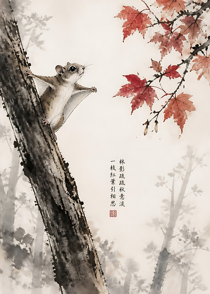 Flying Squirrel in Autumn Ink Wash