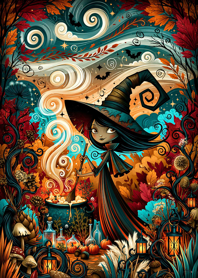 Whimsical Witch Brewing Autumn Potion