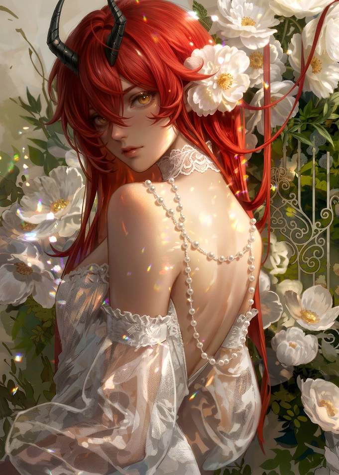 Red-Haired Demon Girl in White Flowers