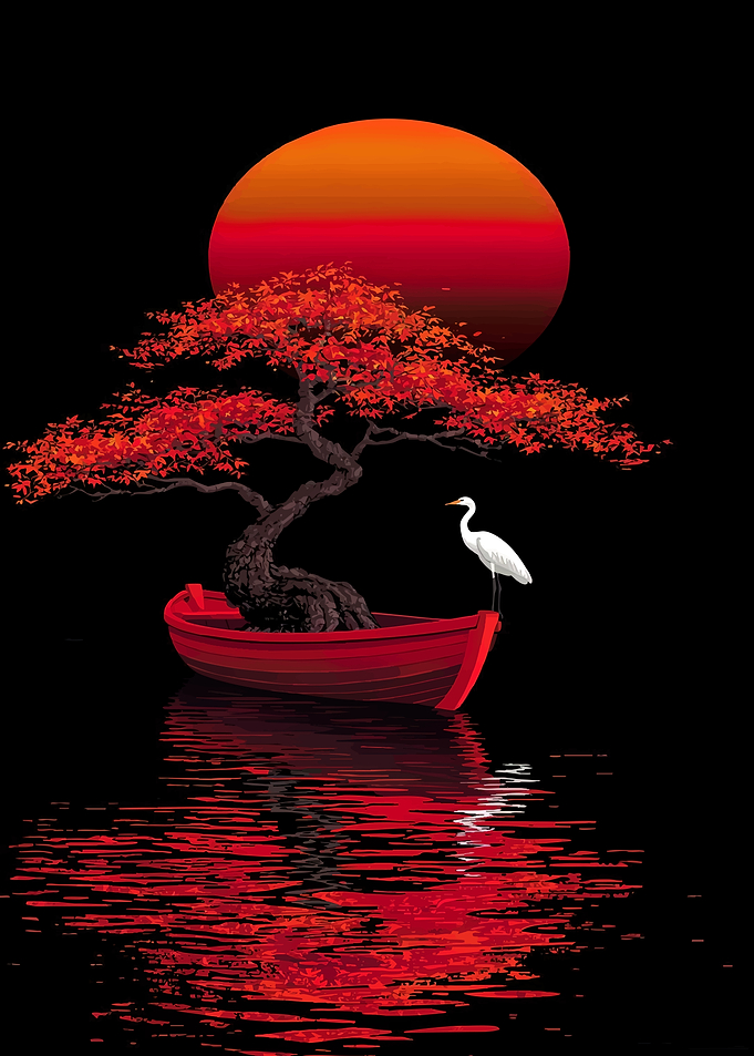 Bonsai Tree on Boat at Sunset