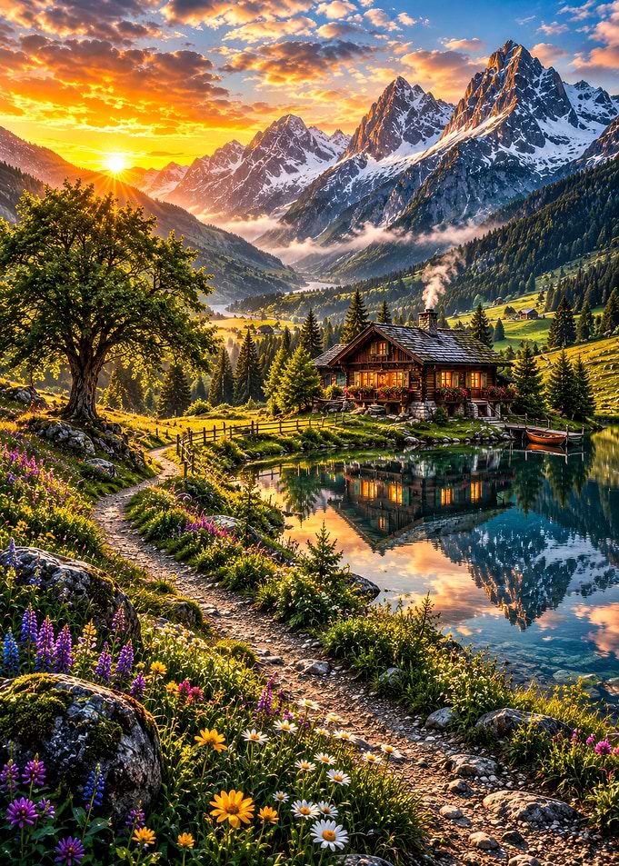 Alpine Cabin at Sunset