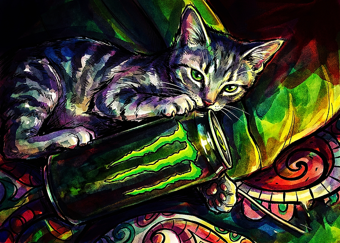Tabby Cat with Monster Energy Drink