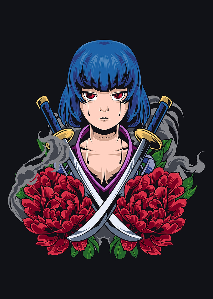 Anime Girl with Katanas and Peonies