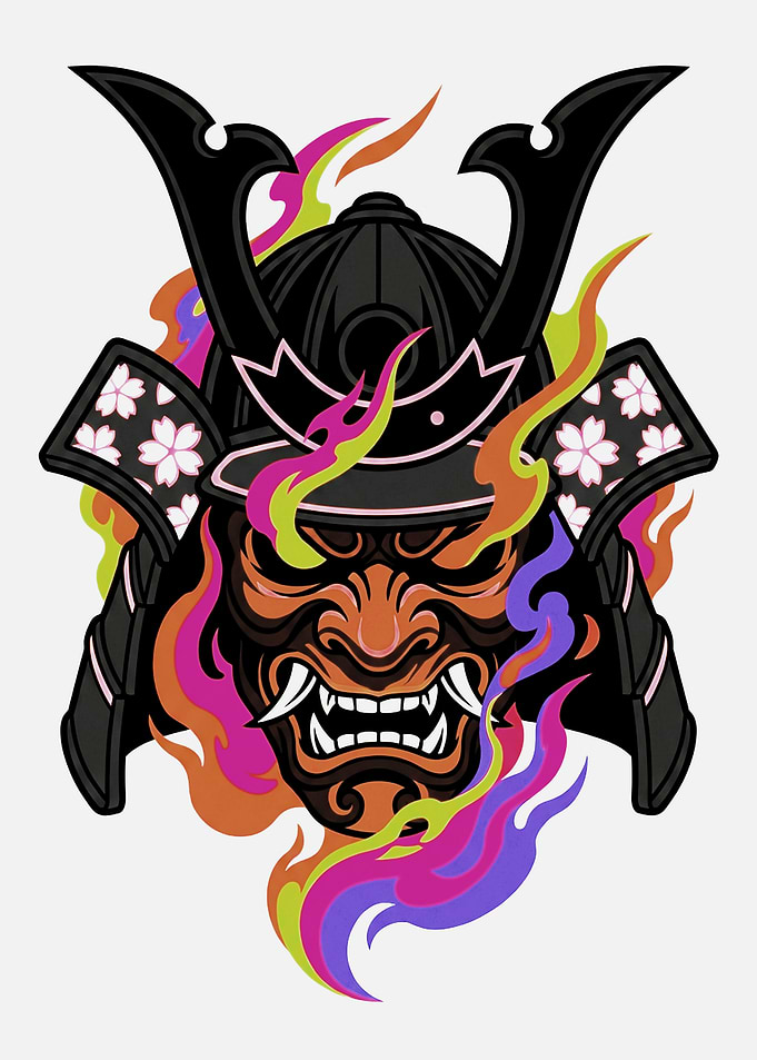 Samurai Oni Mask with Colorful Flames