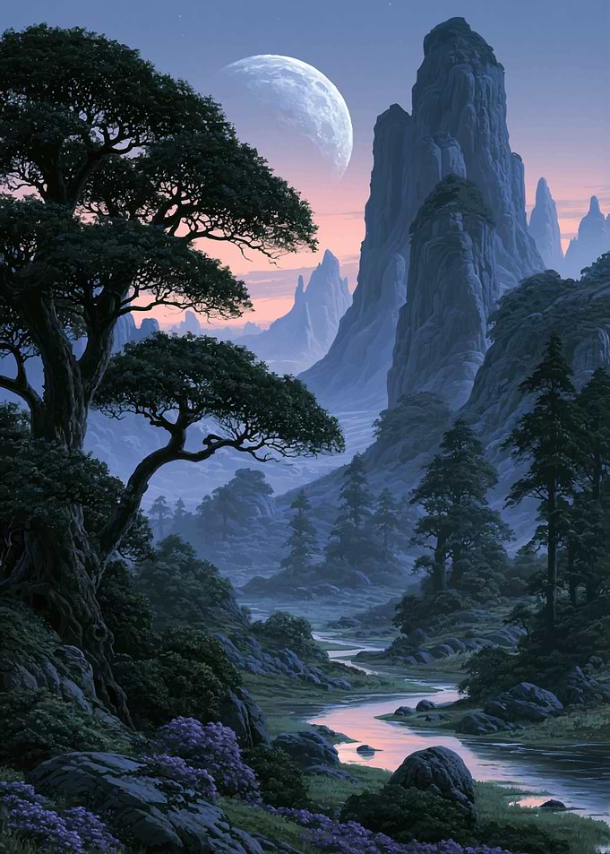 Ethereal Moonlit Mountain Valley Landscape