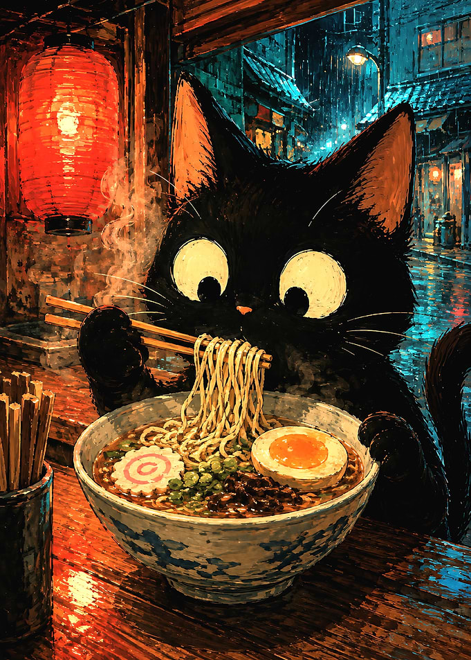 Black Cat Eating Ramen at Night