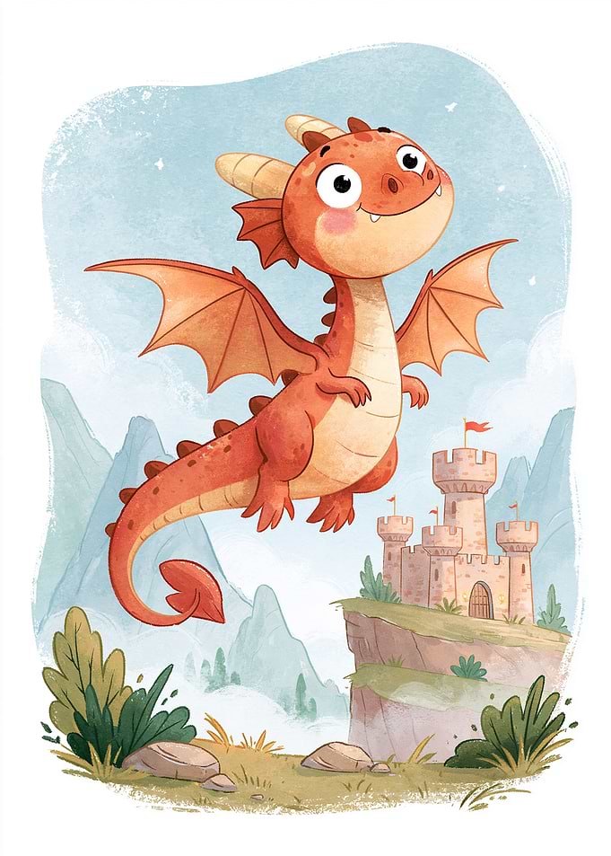 Cute Flying Dragon and Castle – Fantasy Kids Wall Art