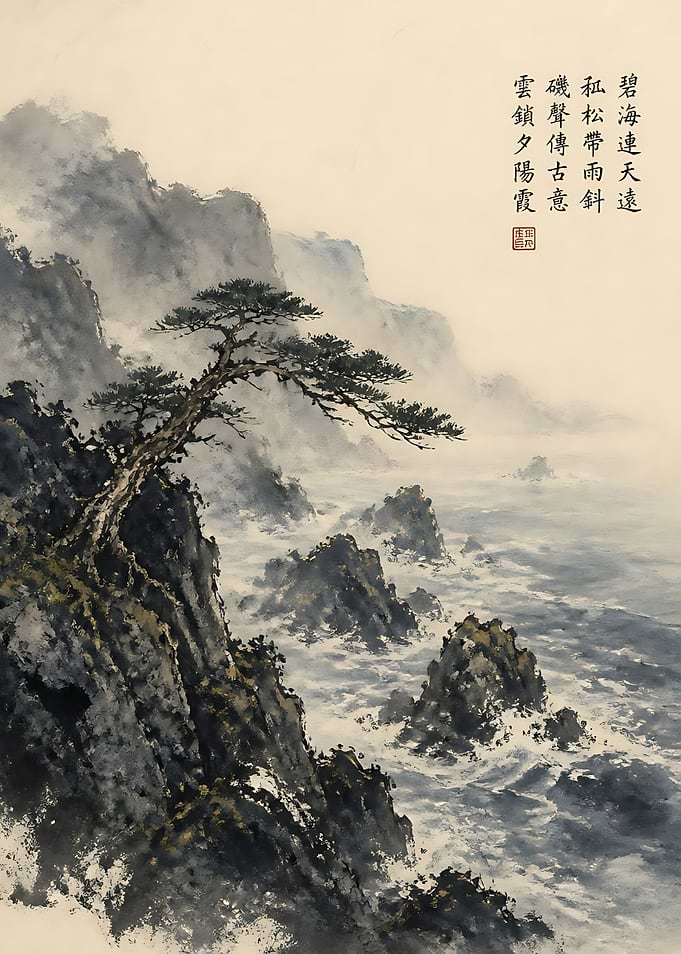 Traditional Chinese Ink Wash Coastal Landscape