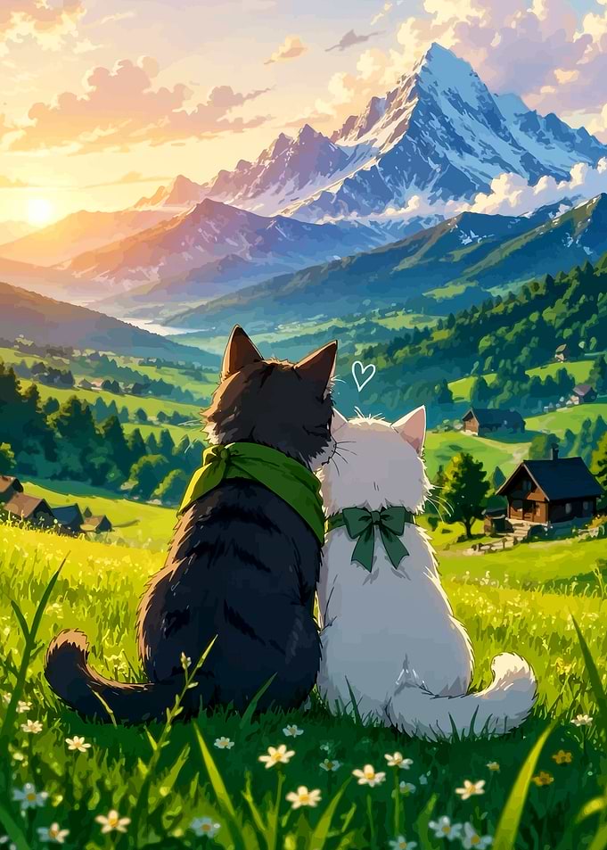 Two Cats Watching Mountain Sunset