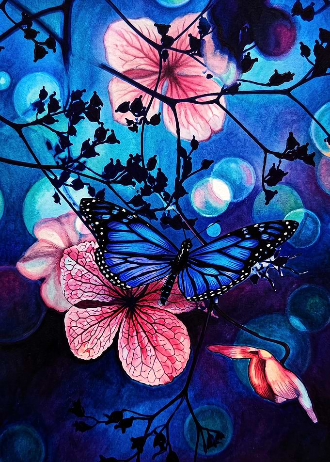 Blue Butterfly Among Pink Flowers
