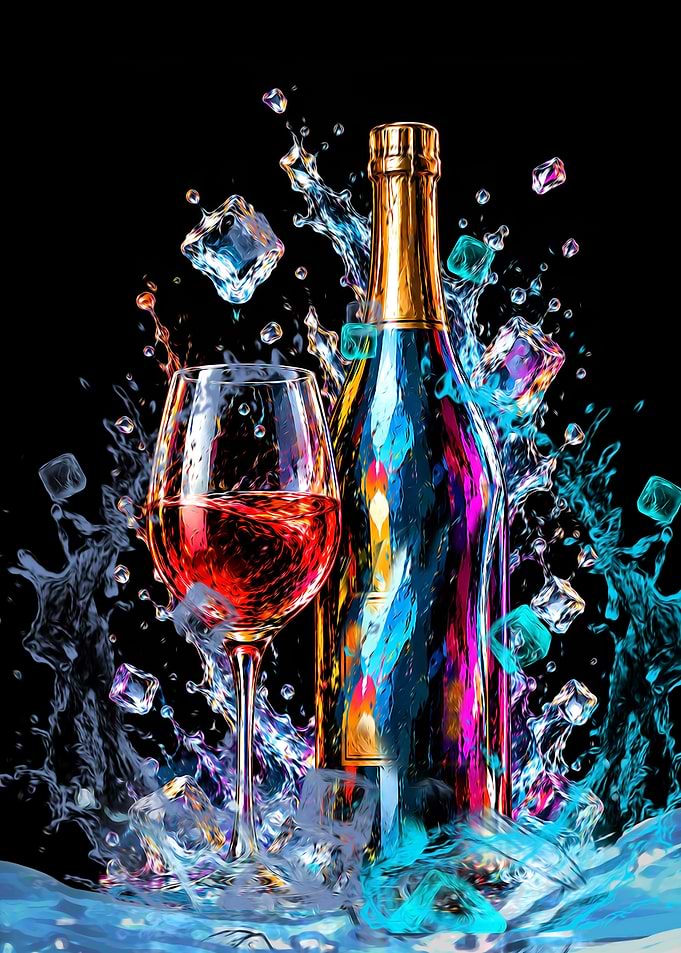 Vibrant Champagne Bottle and Glass Splash