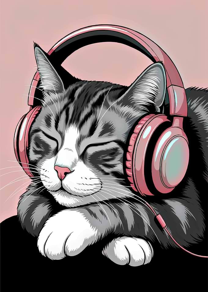 Cute Cat Wearing Pink Headphones