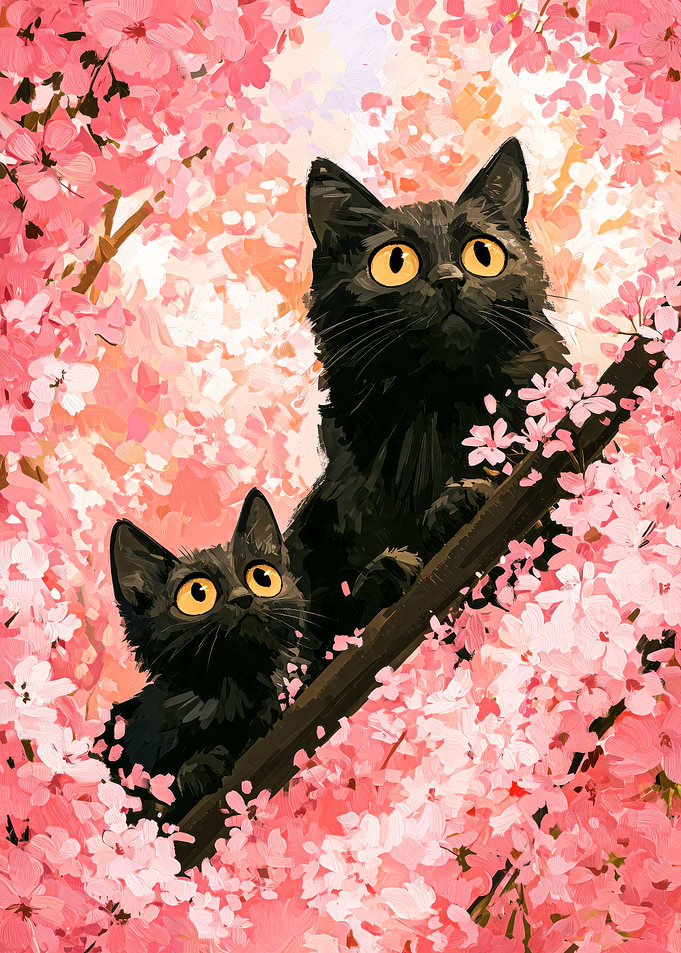 Two Black Cats in Cherry Blossoms
