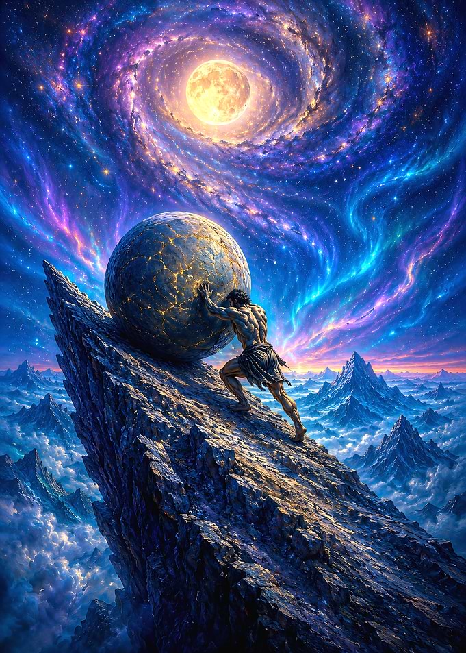 Sisyphus Pushing Boulder in Cosmic Landscape