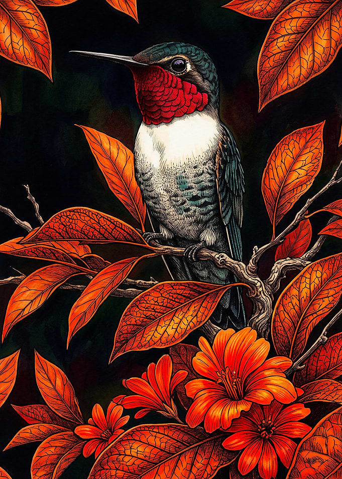 Hummingbird Perched Among Autumn Foliage