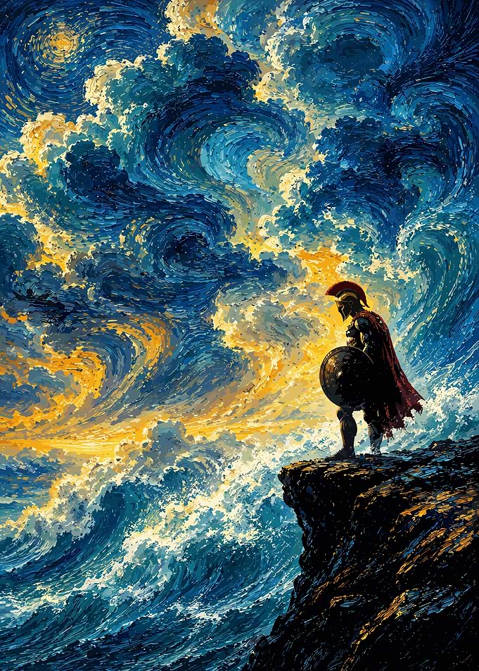Spartan Warrior Standing on Cliffside